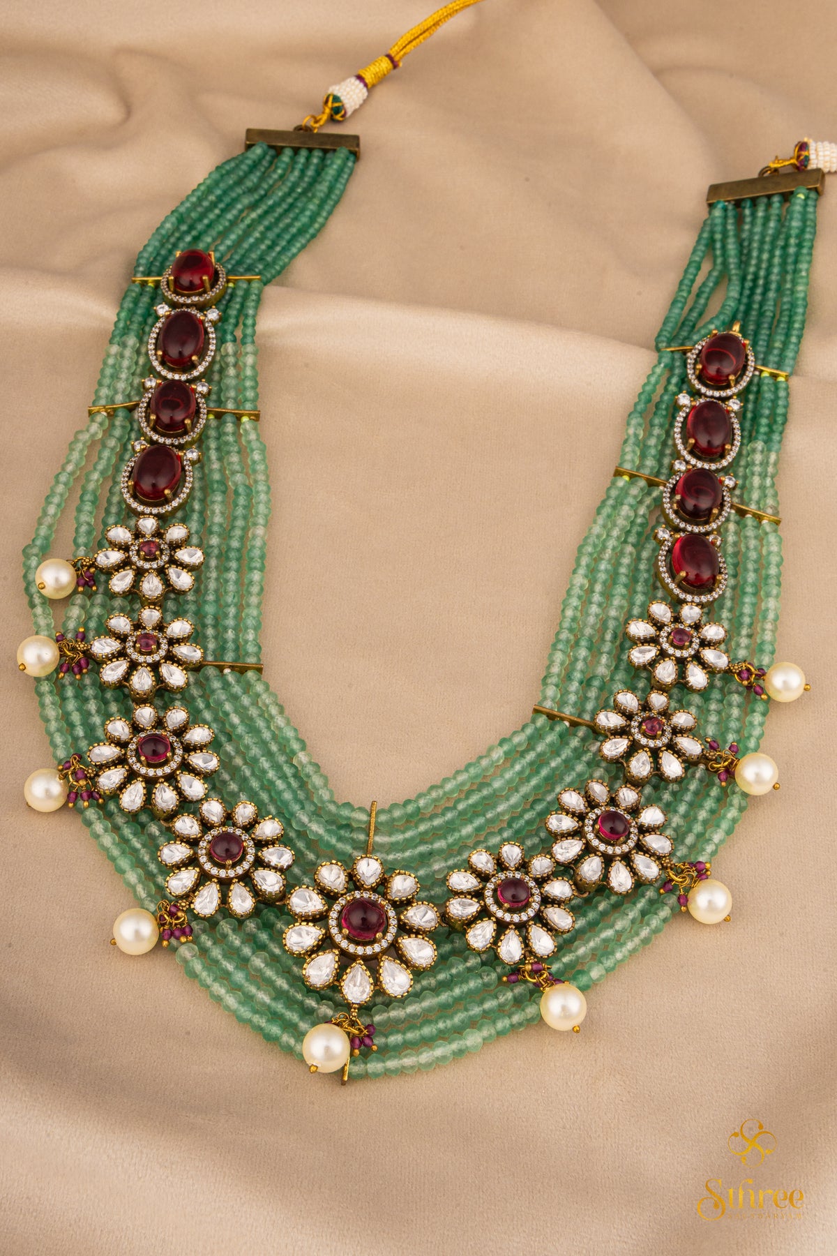 Zircon and Flower Haram - Antique Finish Gold with Green Beads