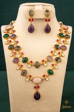 Two Liner Cabochon and Kemp Necklace - Multi Colour