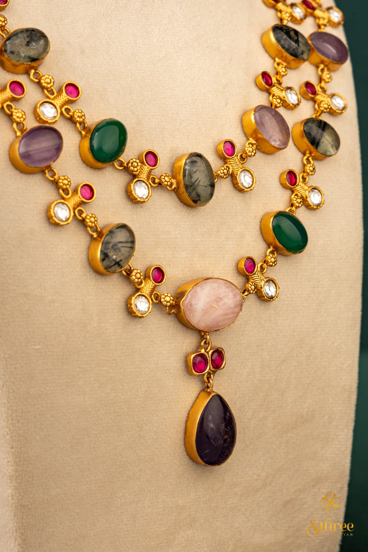 Two Liner Cabochon and Kemp Necklace - Multi Colour