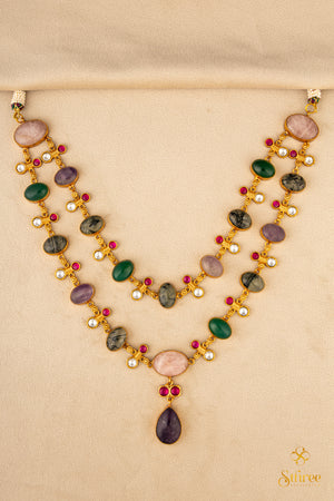 Two Liner Cabochon and Kemp Necklace - Multi Colour