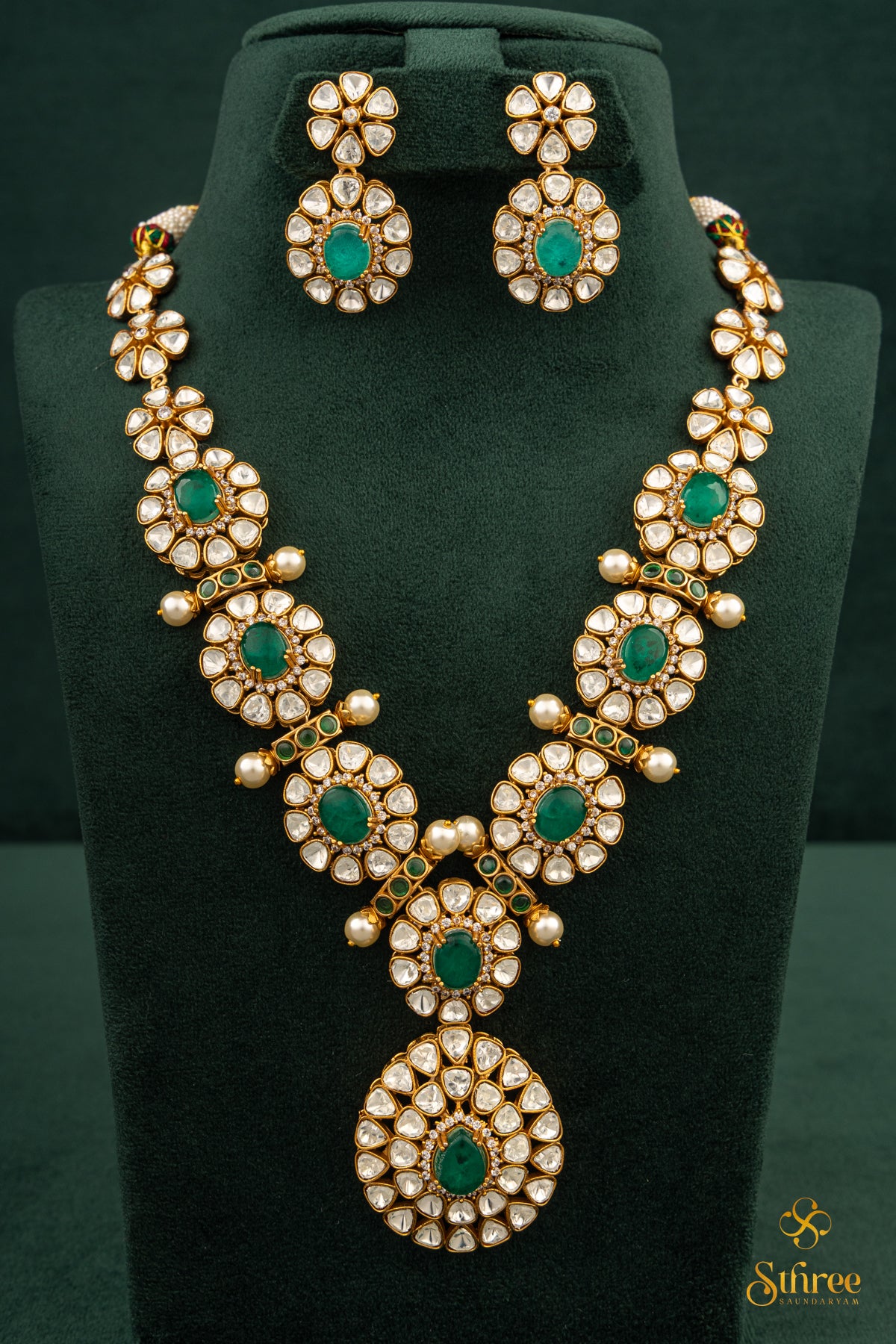 Designer Necklace - Moissanite and Green Neckpiece Set
