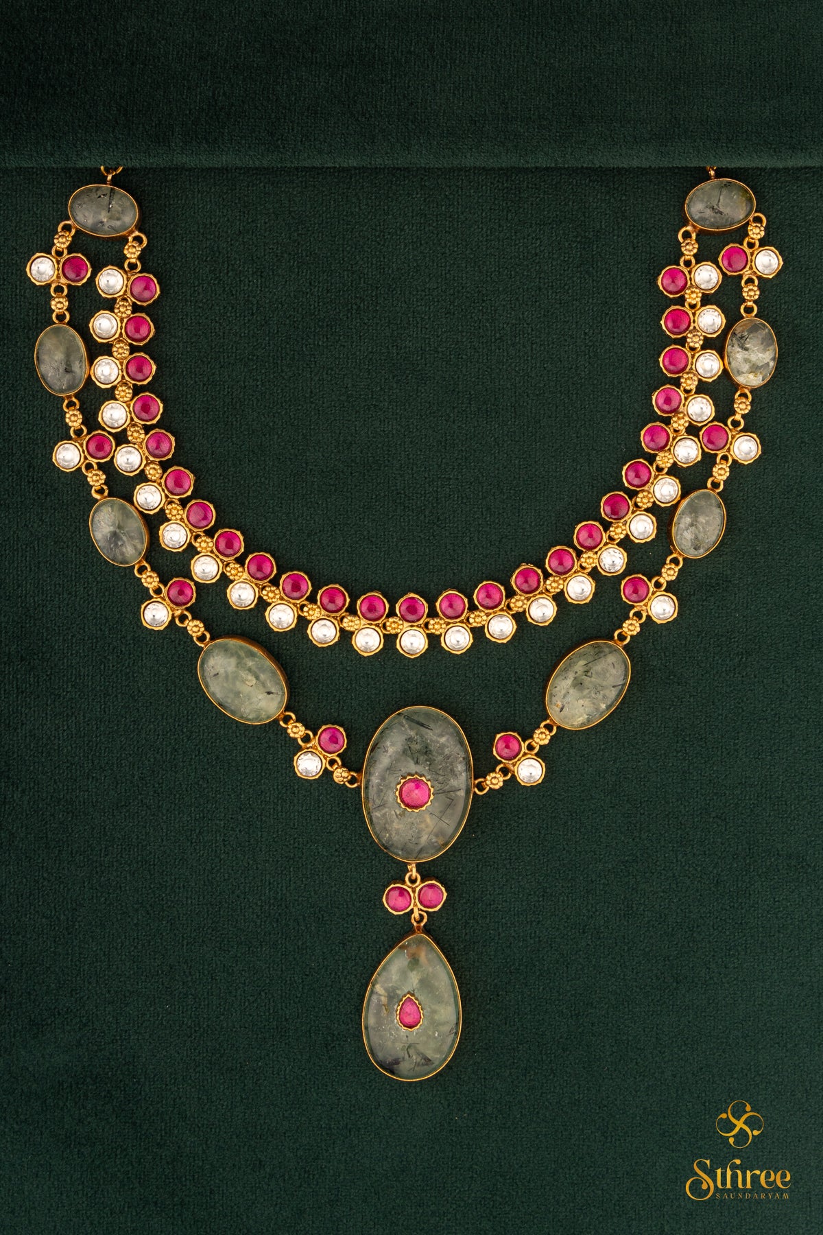 Two Layer Cabochon and Kemp Necklace - Light Green