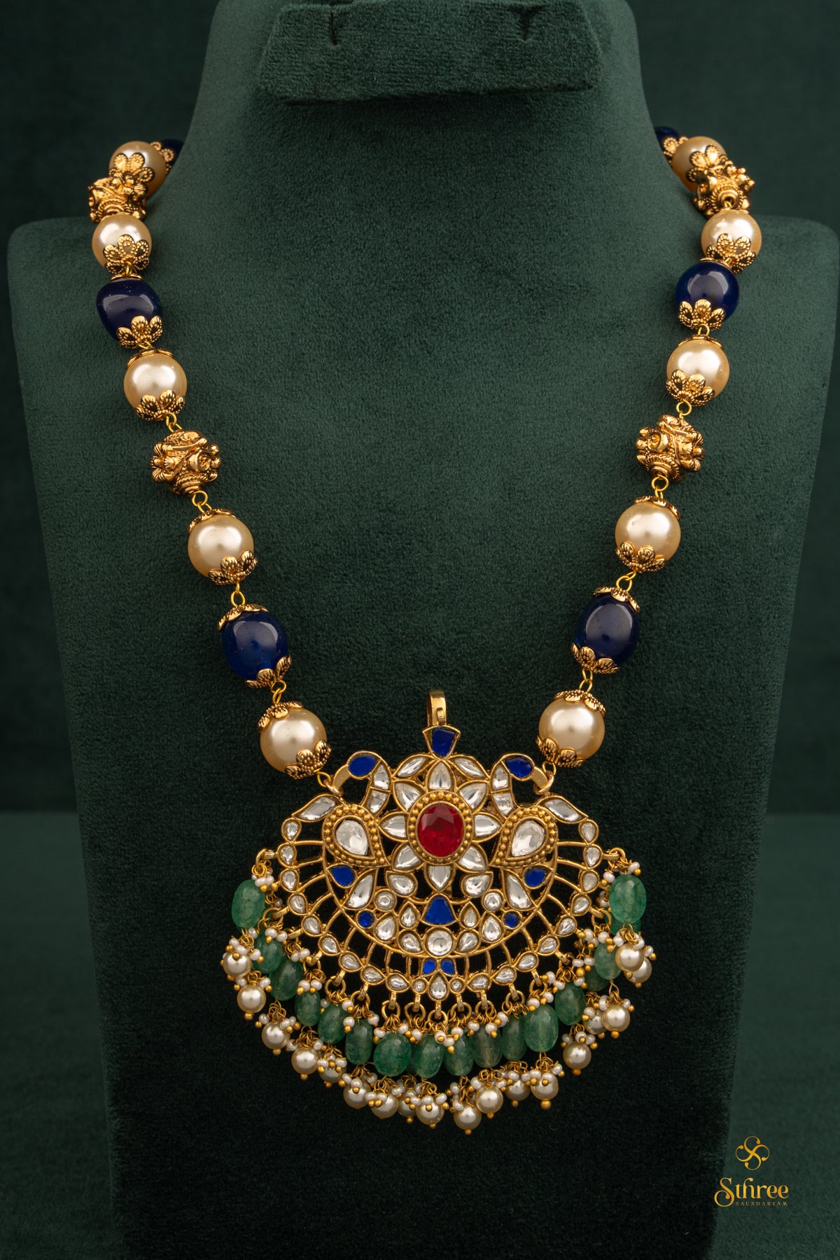 Muthu and Sapphire blue with Mayil pendant neckpiece