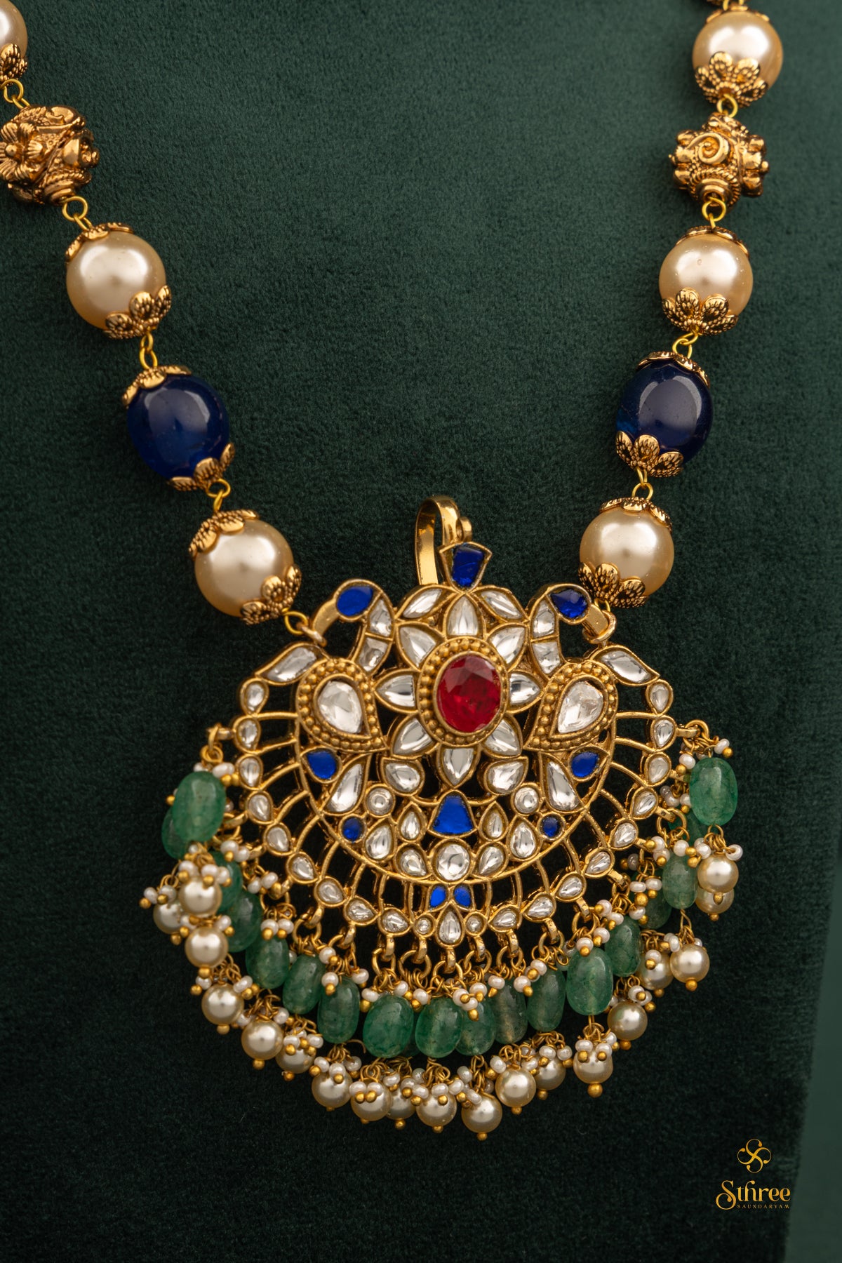 Muthu and Sapphire blue with Mayil pendant neckpiece