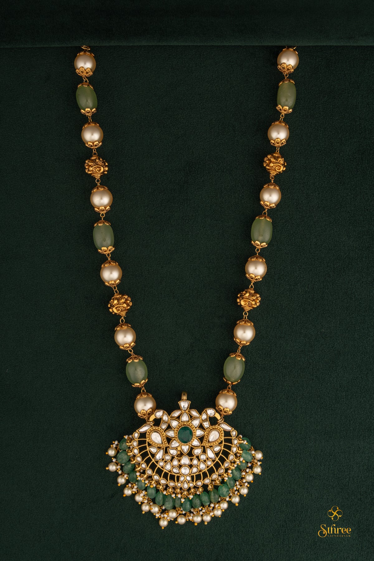 Muthu and light green with Mayil pendant neckpiece