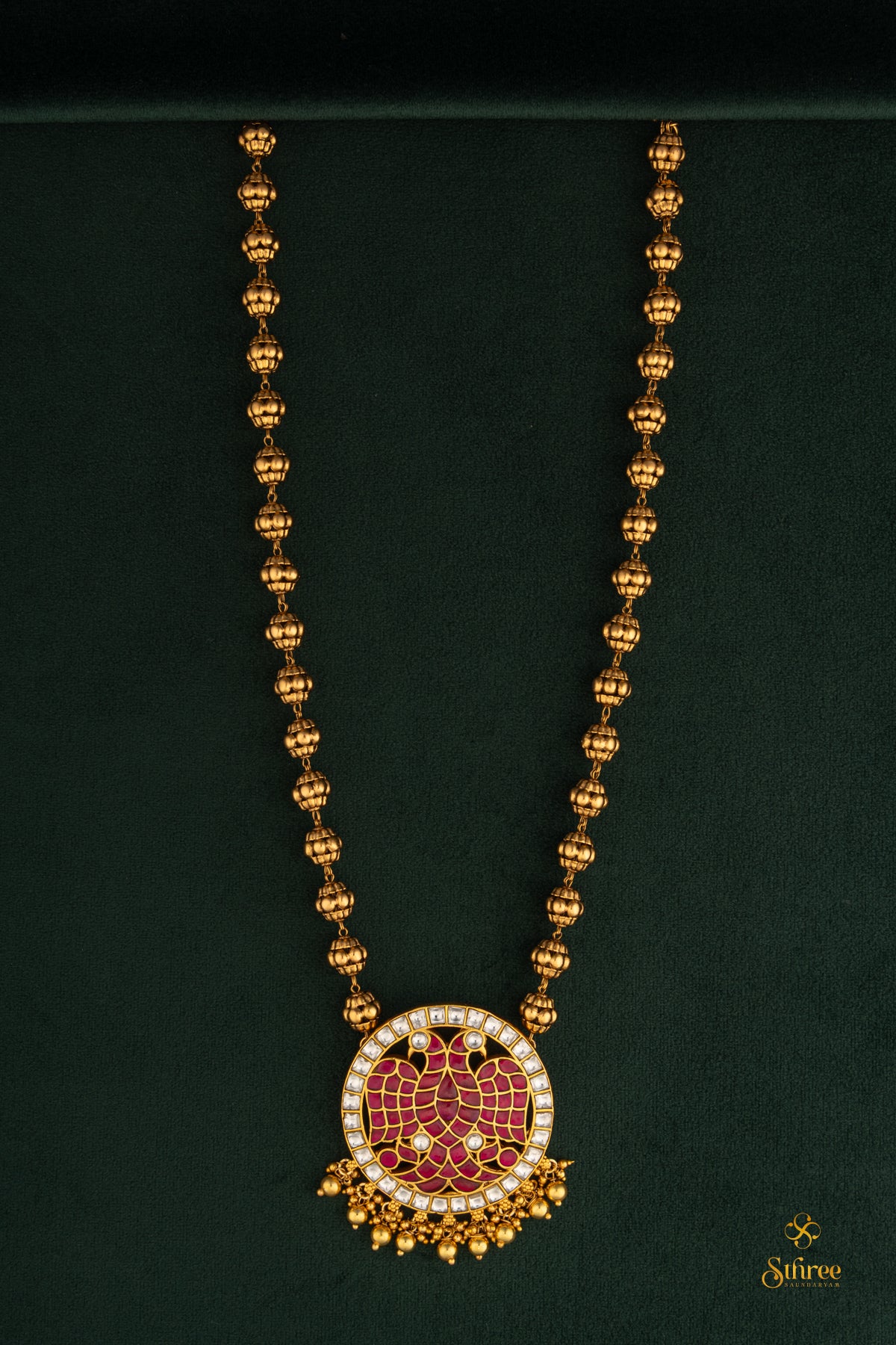 Gandaberunda Pendant with gold balls - Ruby red