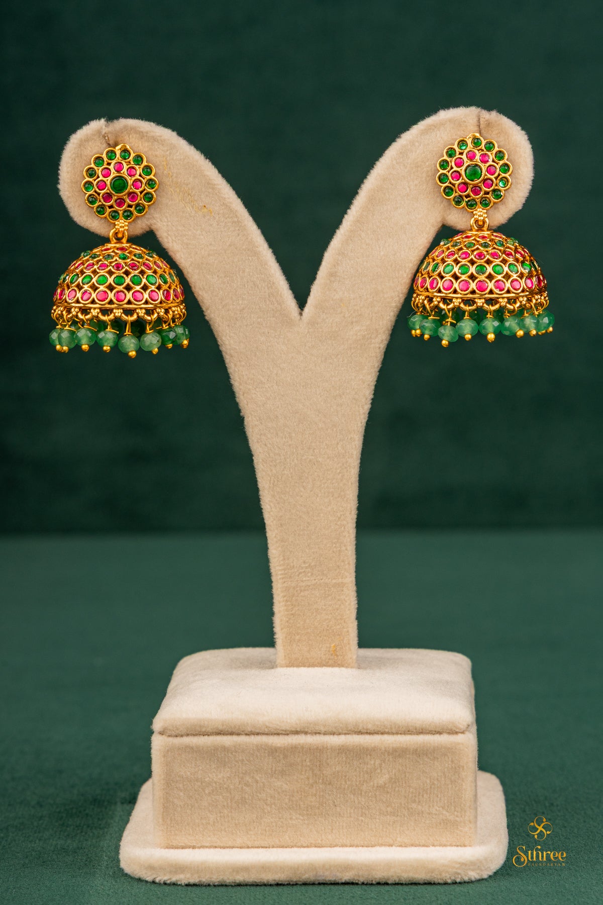 Emerald green and Red jhumka with beads