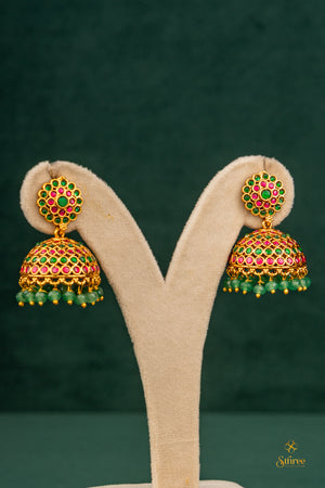 Emerald green and Red jhumka with beads