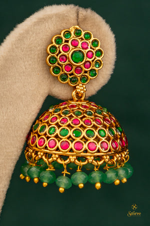 Emerald green and Red jhumka with beads