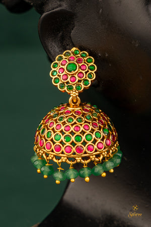 Emerald green and Red jhumka with beads