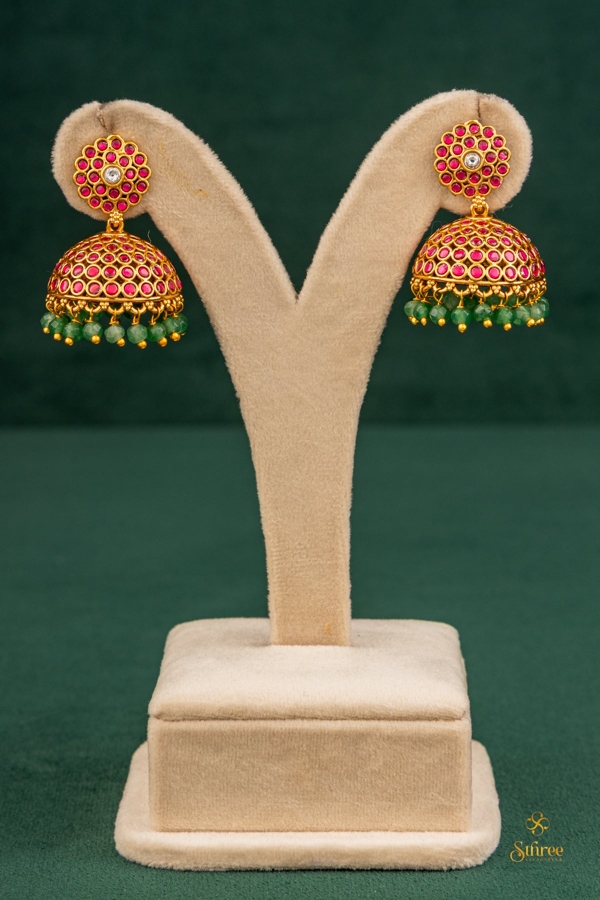 Ruby red jhumka with green beads
