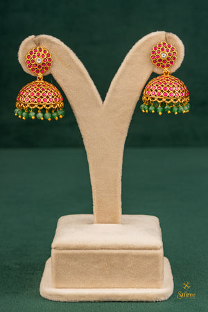 Ruby red jhumka with green beads