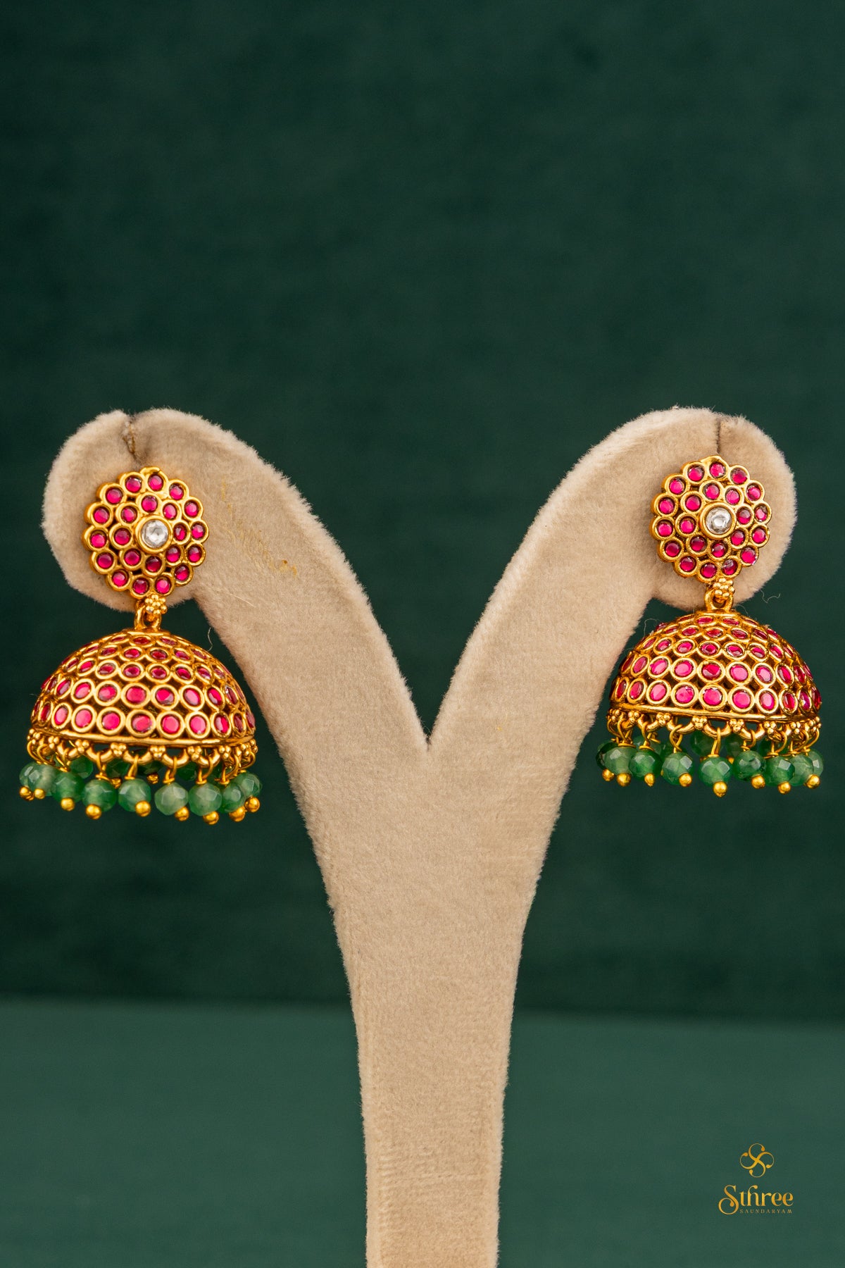 Ruby red jhumka with green beads