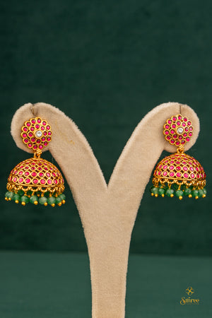 Ruby red jhumka with green beads