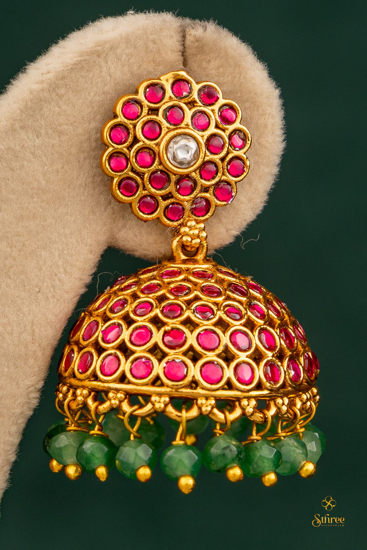 Ruby red jhumka with green beads