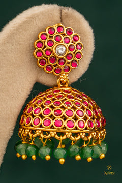 Ruby red jhumka with green beads