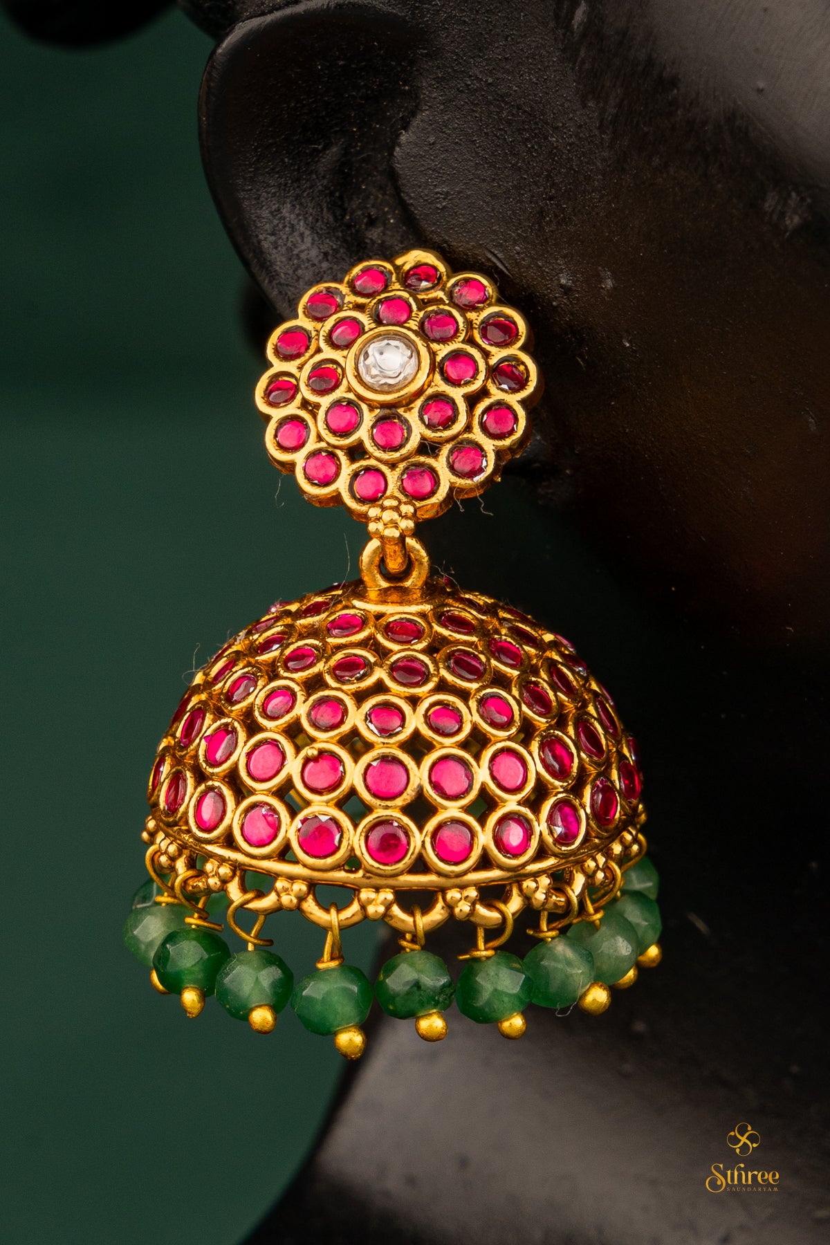 Ruby red jhumka with green beads