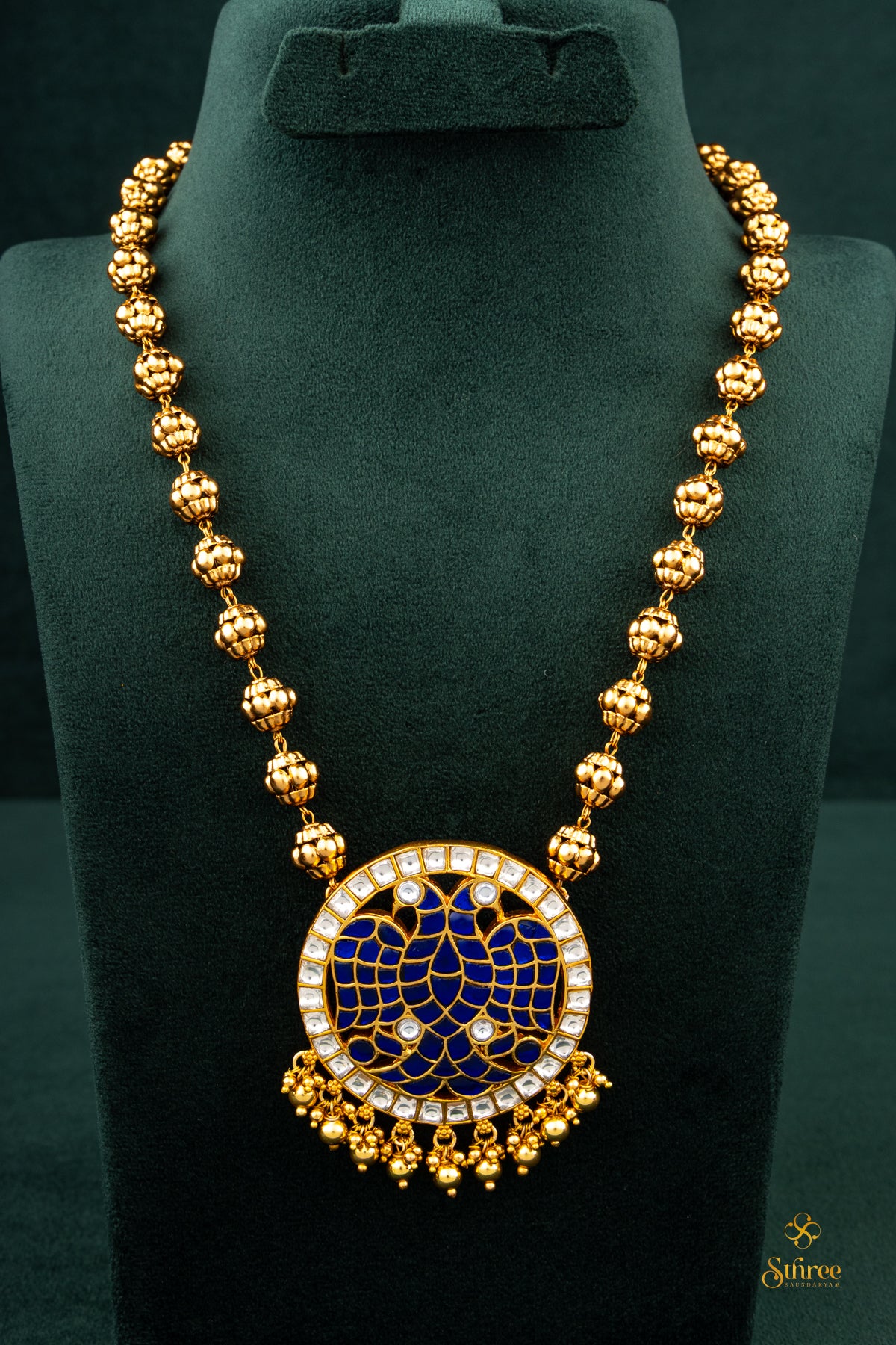 Gandaberunda Pendant with gold balls - Sapphire blue