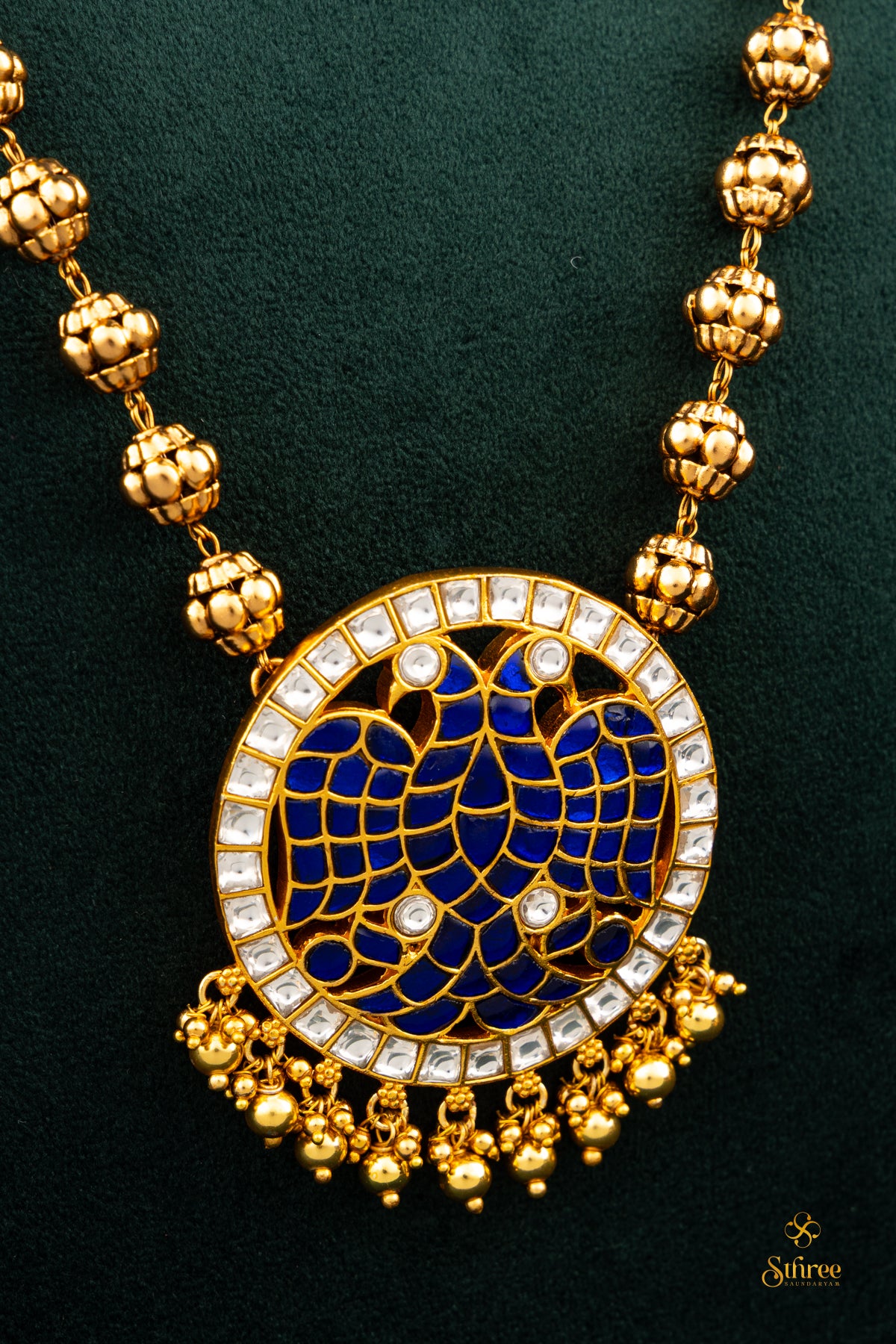 Gandaberunda Pendant with gold balls - Sapphire blue