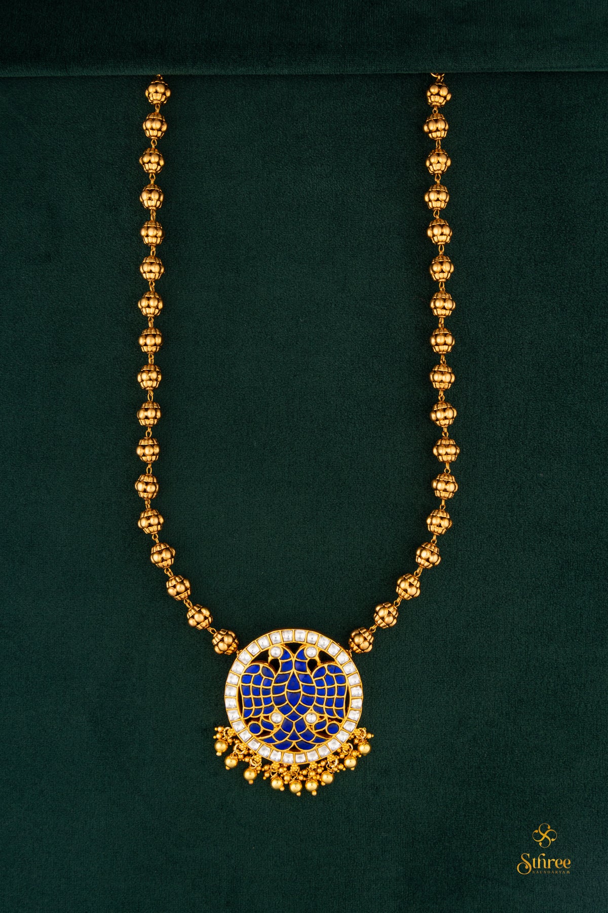 Gandaberunda Pendant with gold balls - Sapphire blue