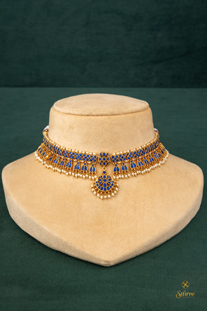 925 Silver - Chandbali Choker - Sapphire Blue