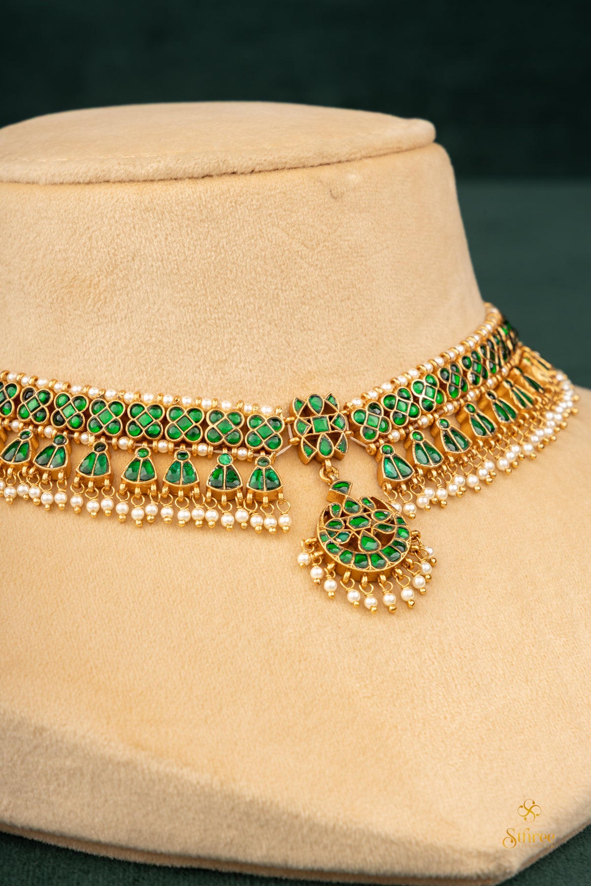 925 Silver - Chandbali choker - Emerald green