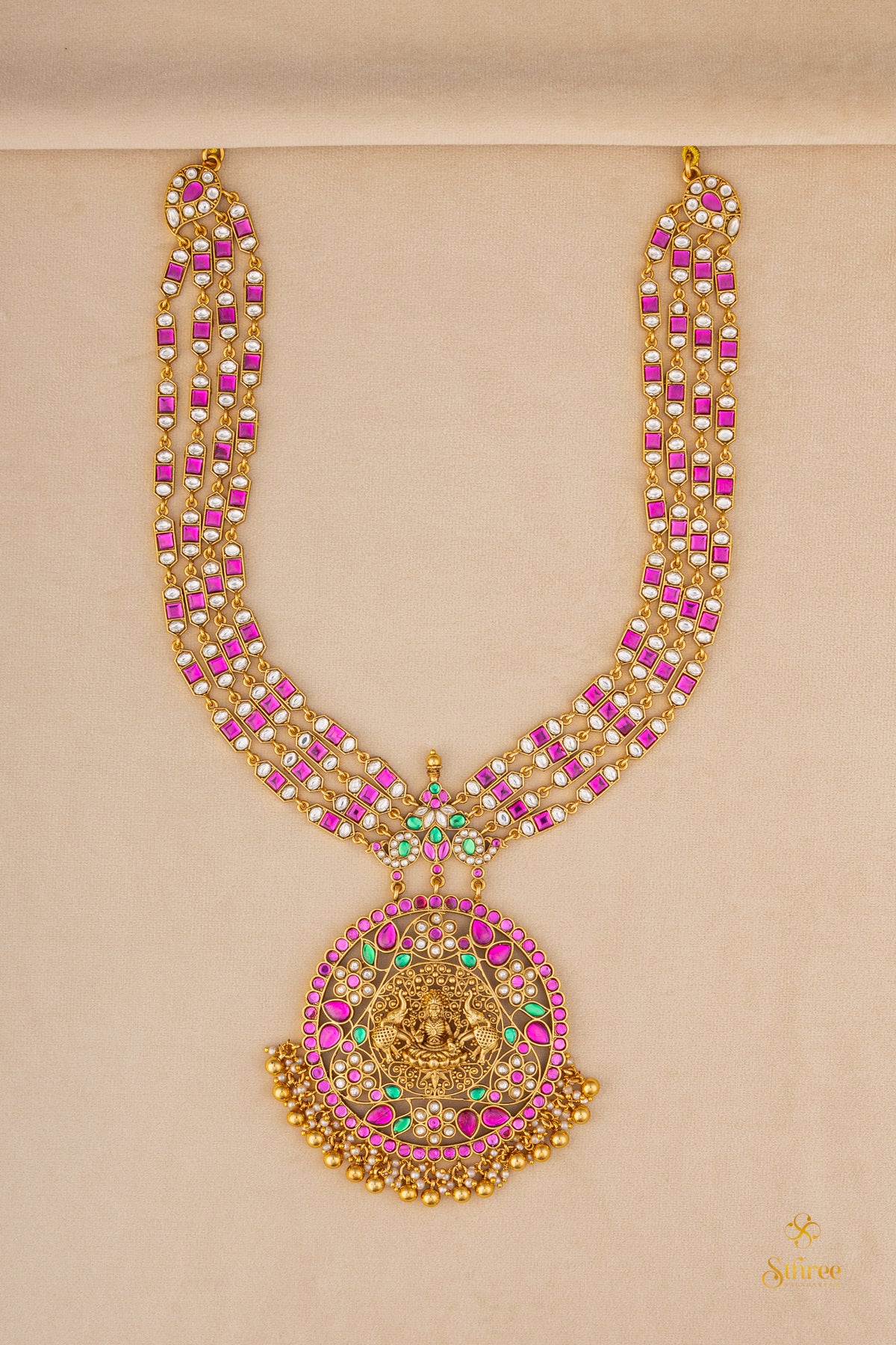 Four liner Rakkodi - Ruby red with Gold balls