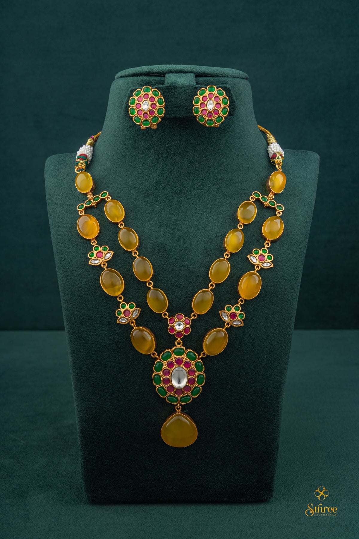 Two Layer Cabochon and Kemp Necklace - Citrine Yellow & Green