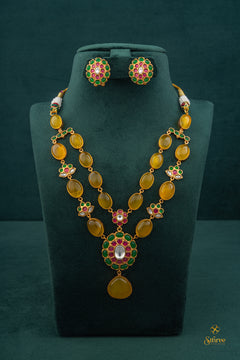 Two Layer Cabochon and Kemp Necklace - Citrine Yellow & Green