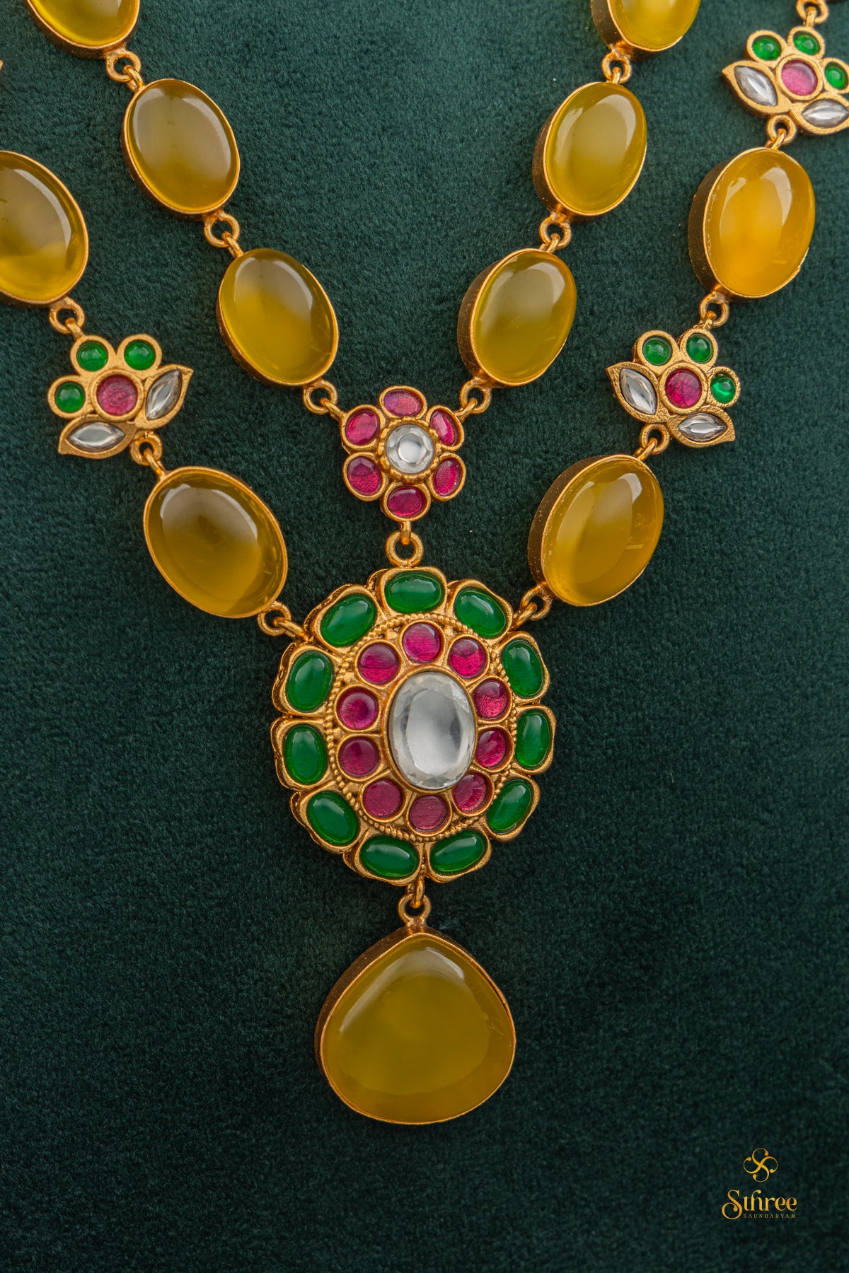 Two Layer Cabochon and Kemp Necklace - Citrine Yellow & Green