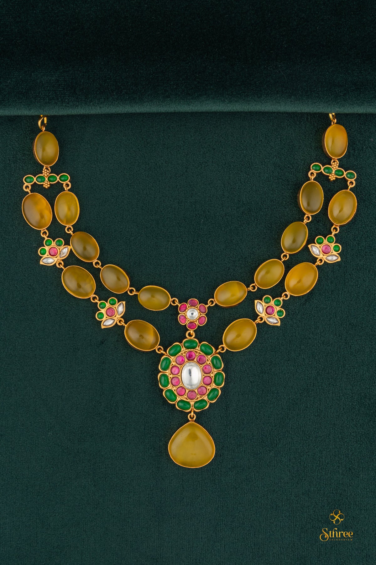 Two Layer Cabochon and Kemp Necklace - Citrine Yellow & Green