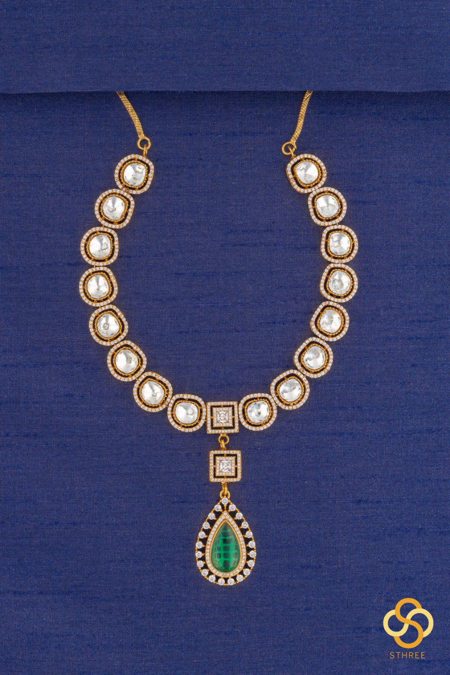 Kundan Necklace Set with Emerald Green Centerpiece