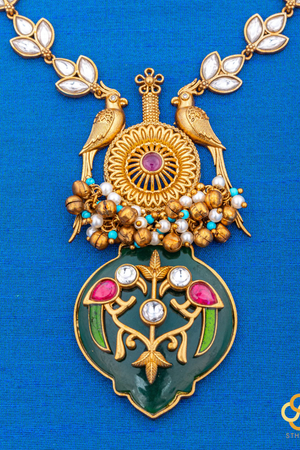 Jadau Kundan Necklace - Handmade Parrot Pendant in Green Onyx