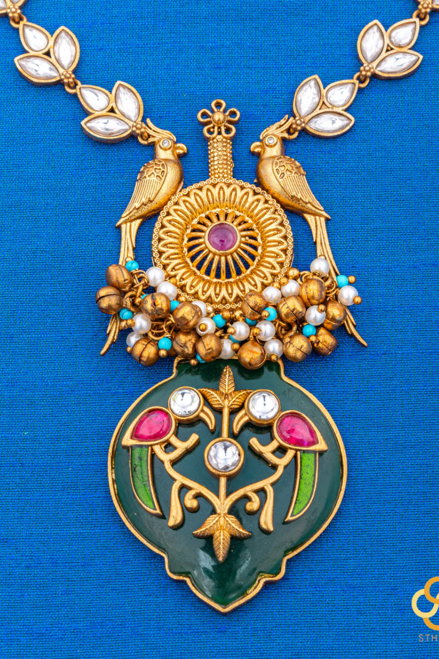 Jadau Kundan Necklace - Handmade Parrot Pendant in Green Onyx
