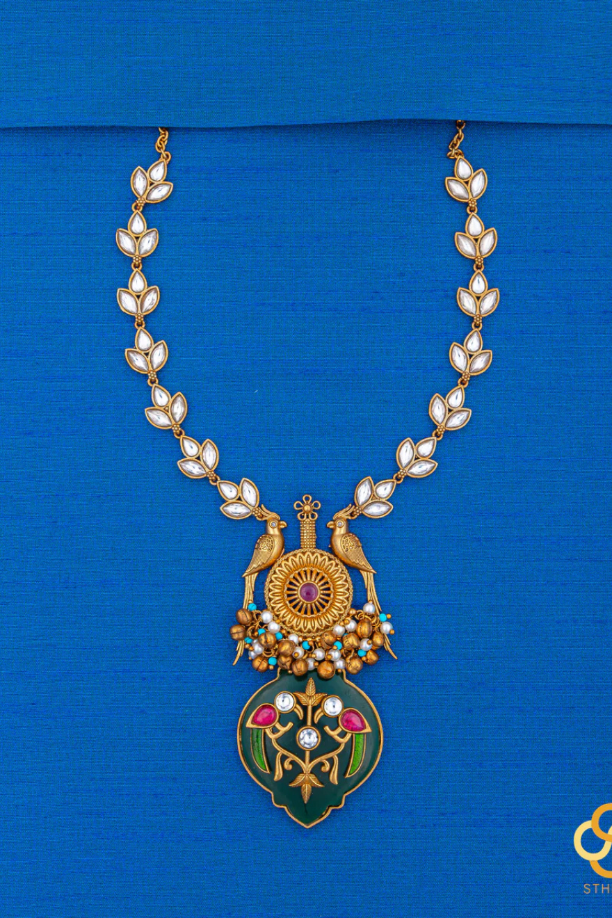 Jadau Kundan Necklace - Handmade Parrot Pendant in Green Onyx