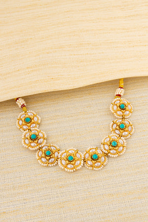 Jadau Kundan Choker - White and Turquoise Centre Stones