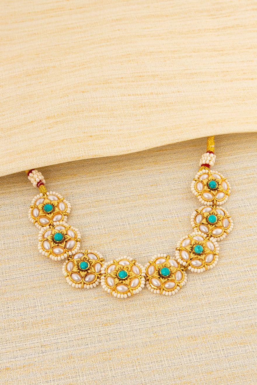 Jadau Kundan Choker - White and Turquoise Centre Stones