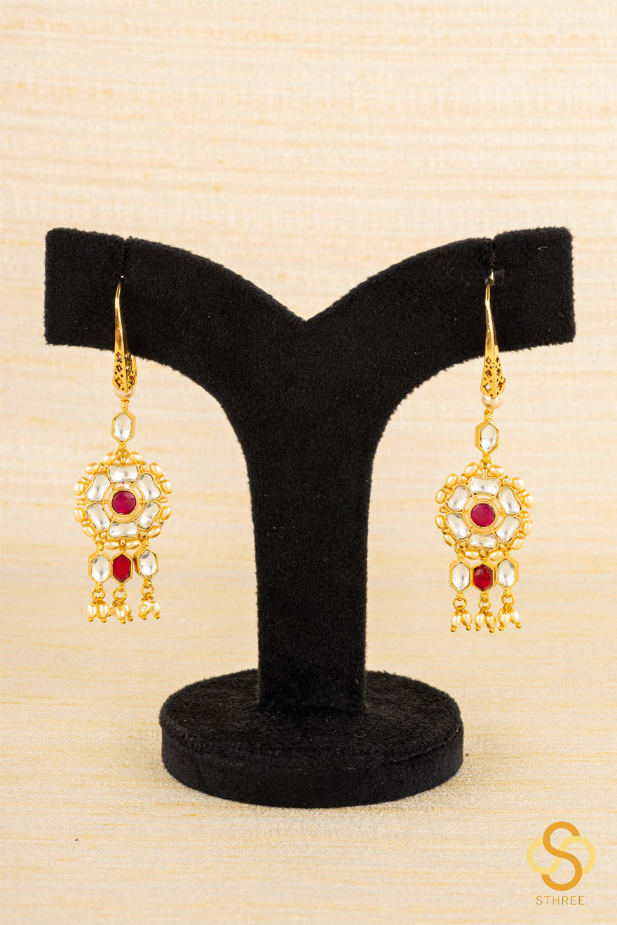 Jadau Kundan hook earrings - White and Ruby red