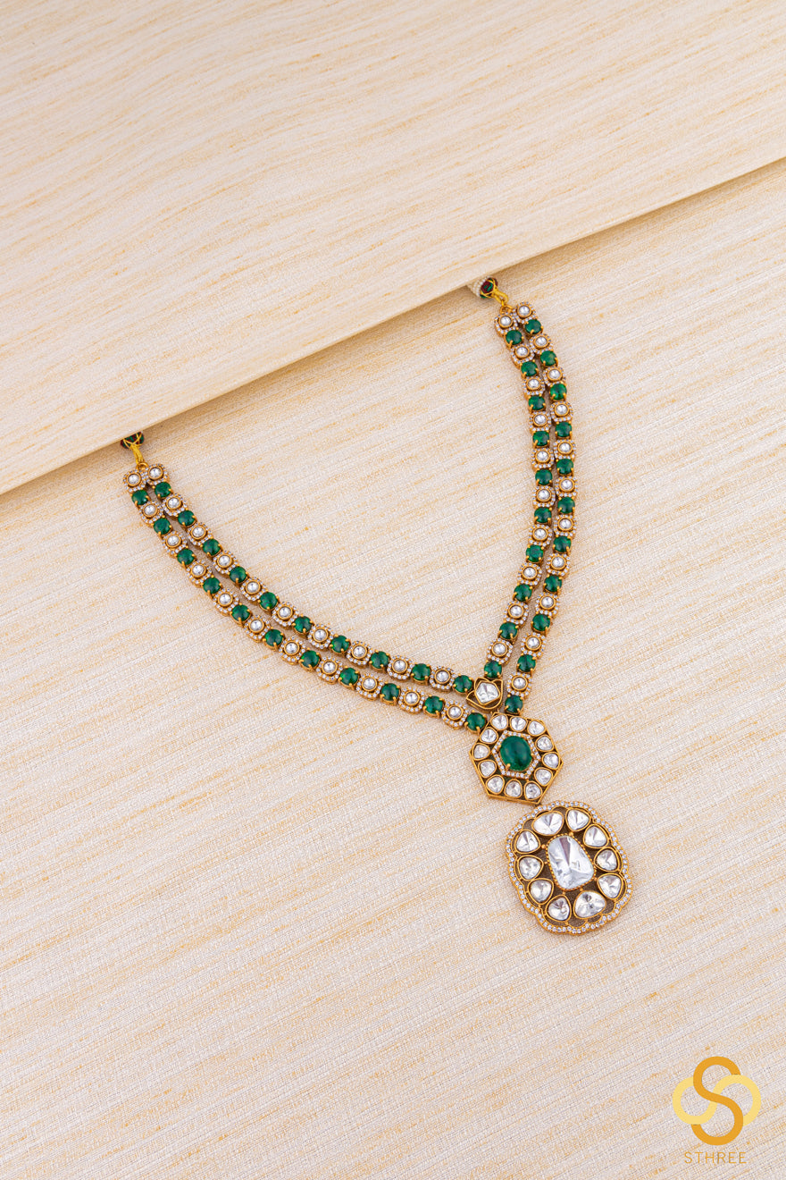 Two Liner Moissanite and Emerald Green Necklace Set