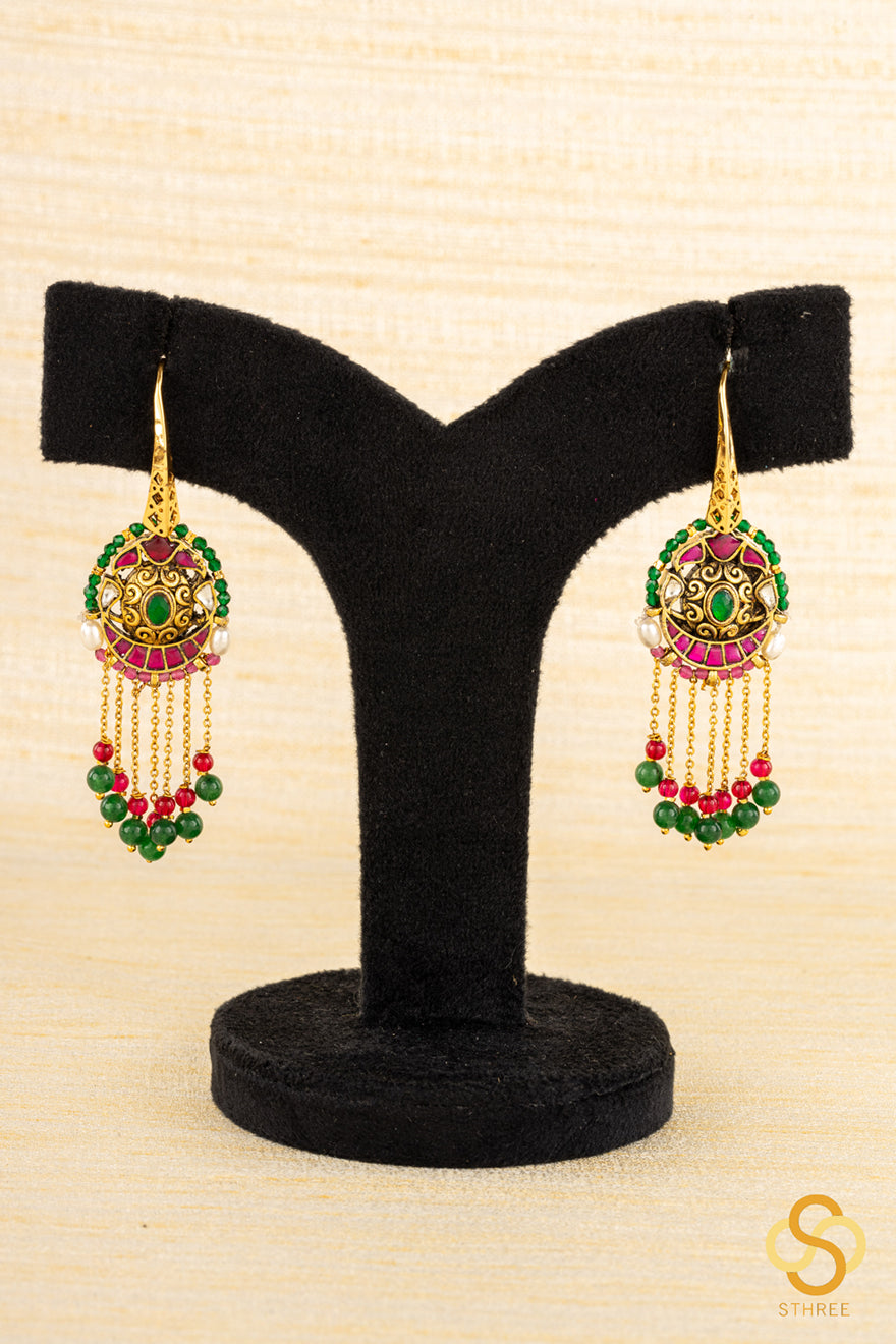 Chandbali Hanging - Jadau Kundan  - Green and Ruby Red
