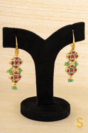 Jadau Kundan hook earrings - Pearls and ruby red stones