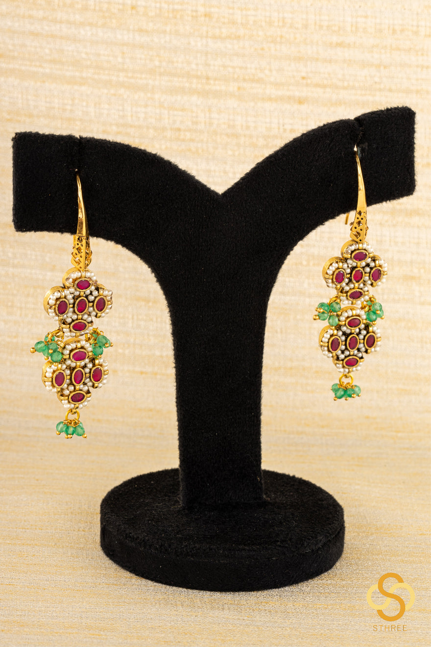 Jadau Kundan hook earrings - Pearls and ruby red stones