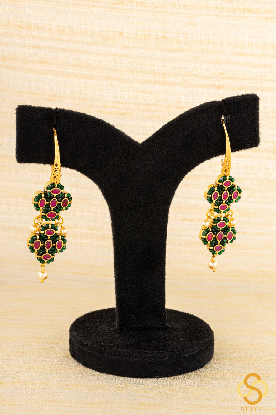 Jadau Kundan Hook earrings - Emerald Green and Ruby Red stones