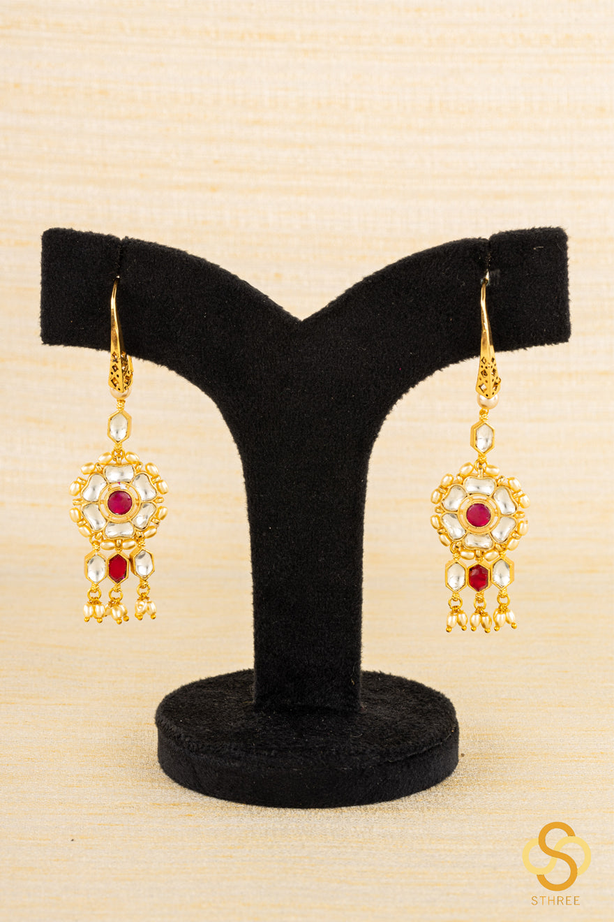Jadau Kundan hook earrings - White and Ruby red