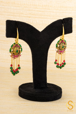 Chandbali Hanging - Jadau Kundan  - Green and Ruby Red