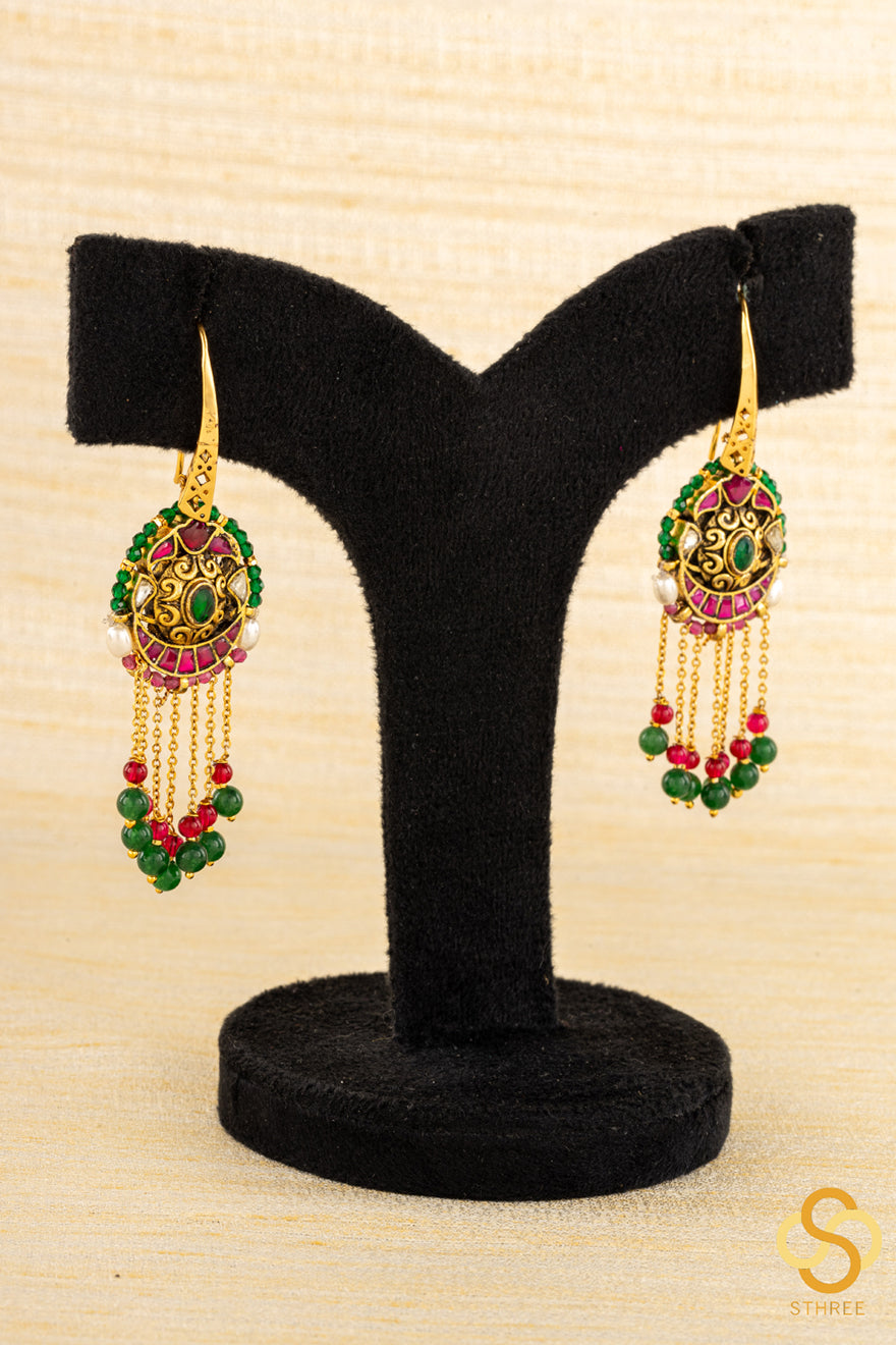 Chandbali Hanging - Jadau Kundan  - Green and Ruby Red