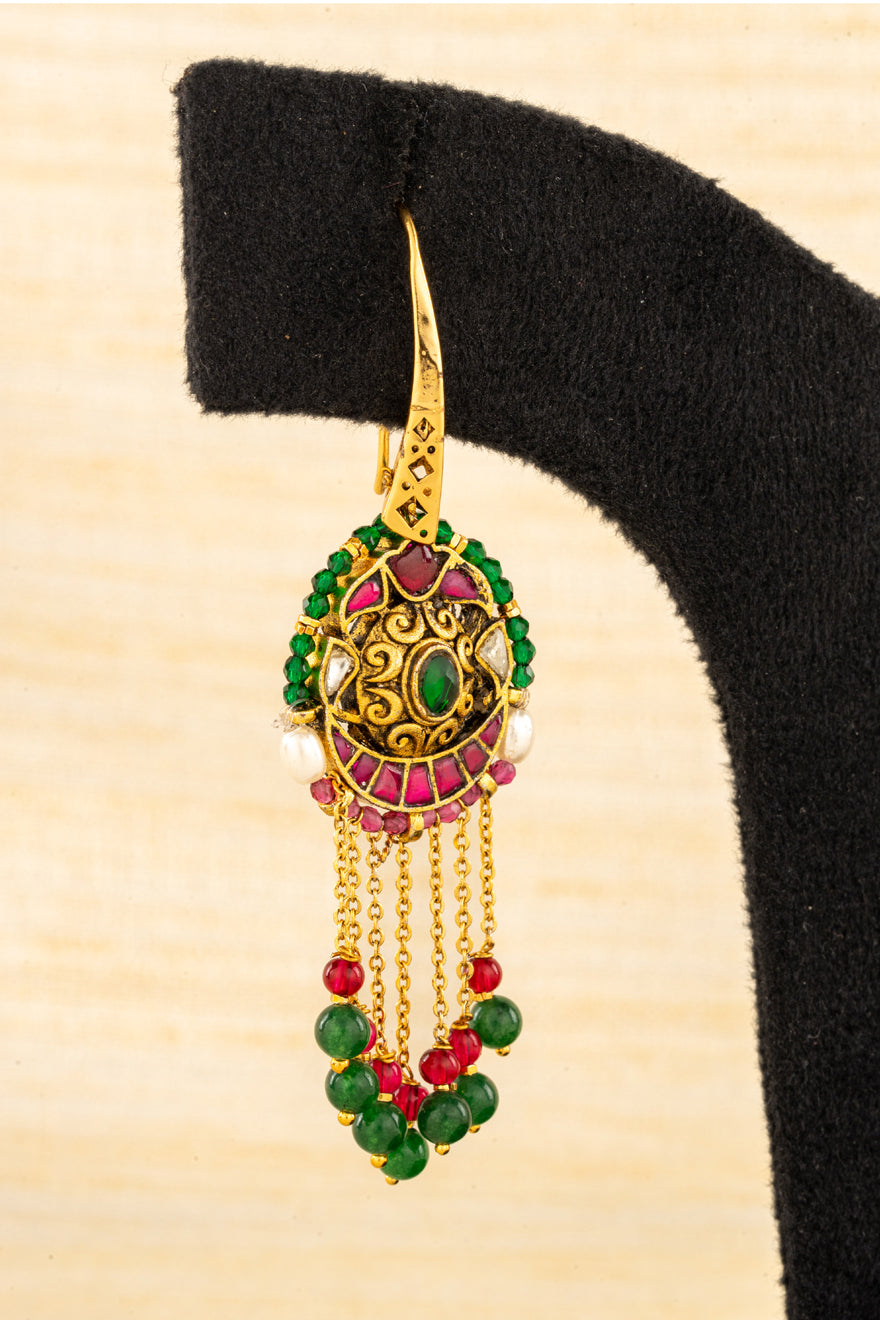 Chandbali Hanging - Jadau Kundan  - Green and Ruby Red