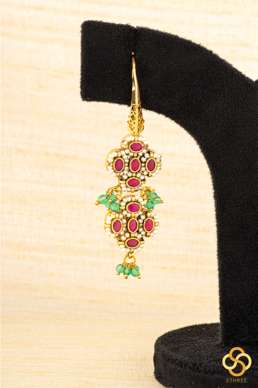 Jadau Kundan hook earrings - Pearls and ruby red stones