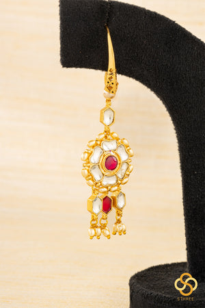 Jadau Kundan hook earrings - White and Ruby red