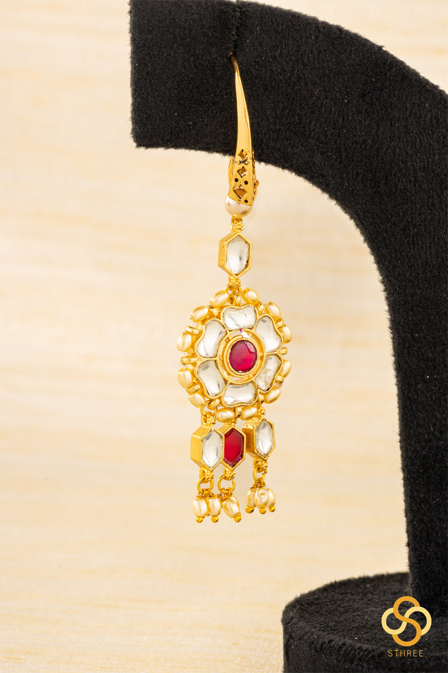 Jadau Kundan hook earrings - White and Ruby red